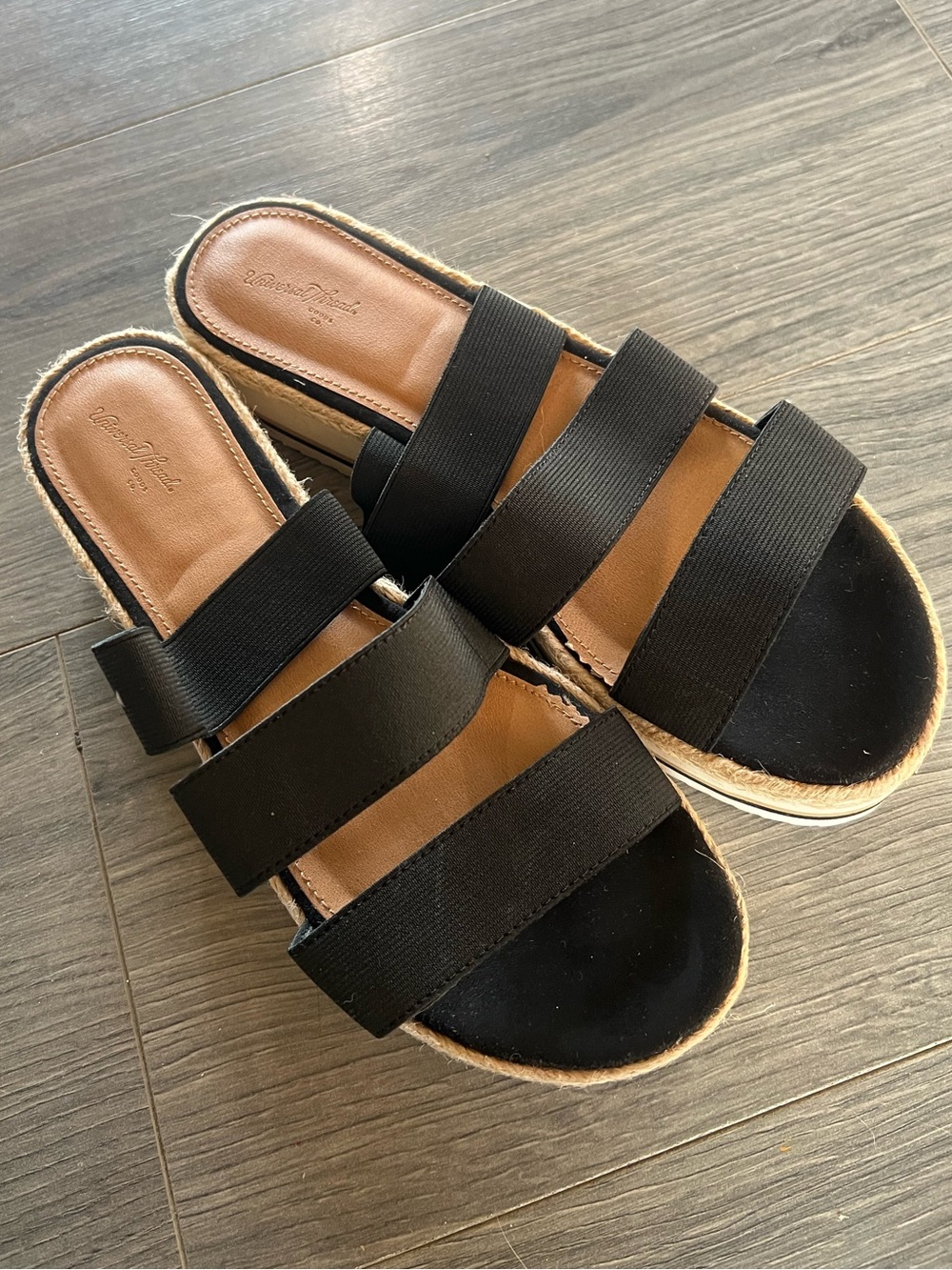 Universal Thread Black Triple-Strap Slide Sandals with Espadrille Trim